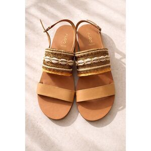 Aldo Boho Beaded Shell Sandals Size 9 Leather Gold Embellished Festival Summer